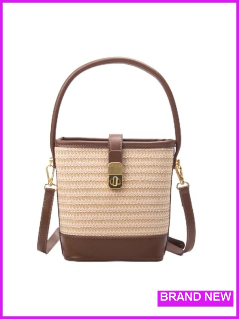 Natural Straw Crossbody Bag Small Top Handle Purse with Twist Lock Woven Summer - Picture 1 of 6